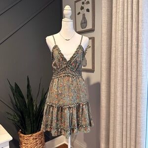 Thirty/Thirty Green Floral Coquette with Ruffles Mini Dress Size Small